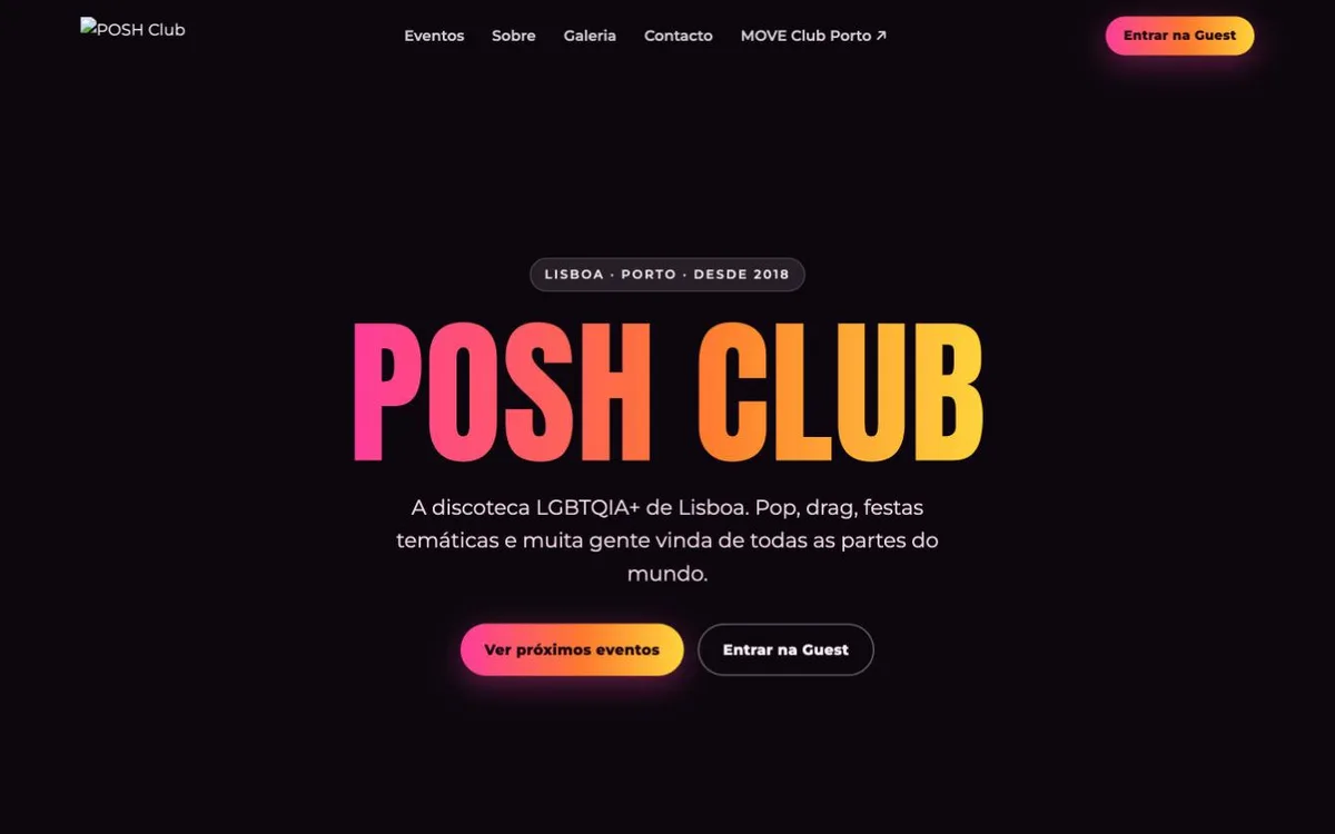 Página inicial do site POSH Club